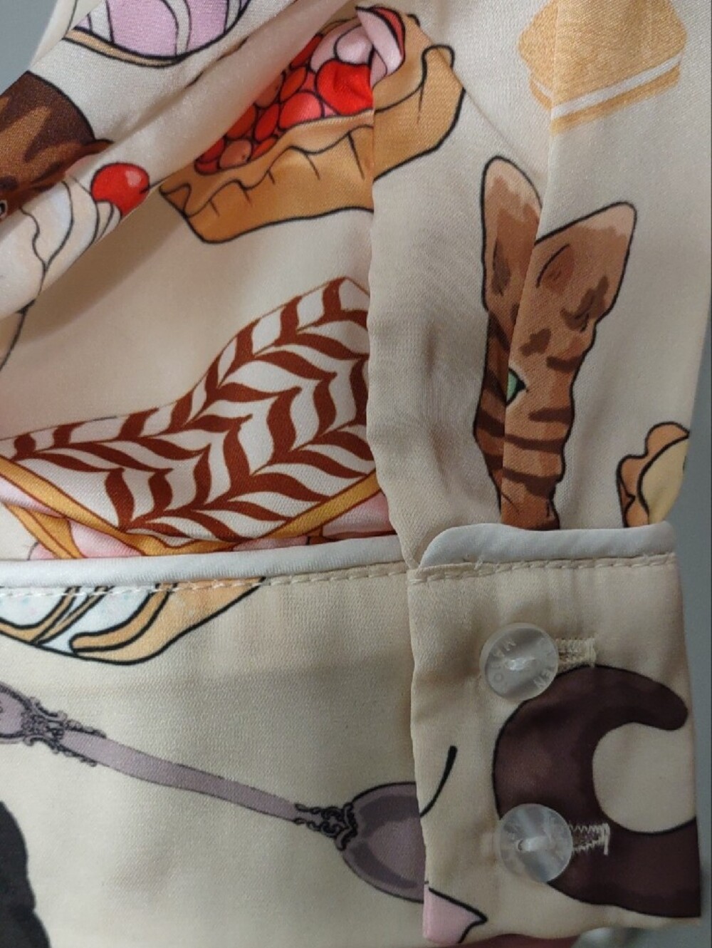 NWTS Karen Mabon Cat Café Satin Long Pajama Set Ivory Size XL - Picture 4 of 11